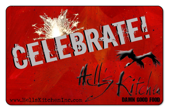 Hells Kitchen logo, 'Celebrate', over red backgorund
